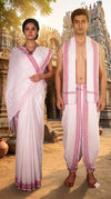 White Couple Set with Magenta, Orange and Blue Border and Linings in Saree