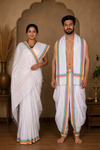 White Couple Set with Green, Purple, Beige and Orange Border and Linings in Saree