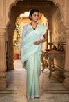 White, Cyan and Green Check Saree