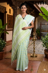 White, Chartreuse and Columbia Green Check Saree