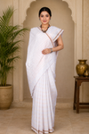 White Saree with Brown and Seashell Border and Stripes