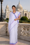 White Saree with Blue and Pink Border