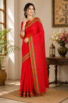Red Saree with Orange, Green Lining and Green, Orange, Red Border