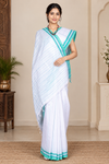 White Saree with Blue and Green Linings and Border