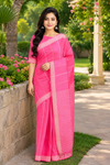 Rani Pink Saree with White and Yellow Lining and Border