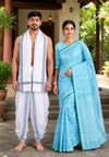 Couple Set with Blue Check Saree with Green Border and White Dhoti Dupatta with Grey Border