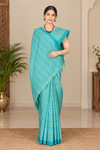 Green Saree with Double Line Blue Checks and Border
