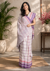 White Semi Hand Spun Hand Woven Saree with Red and Purple Checks and Border