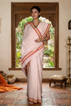 Off White Semi Hand Spun Hand Woven Saree with Beige and Red Checks and Border