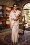 Cosmic Latte White Saree with Brown and Beige Linings, Checks and Border