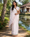 White Semi Hand Spun Hand Woven Saree with Yellow, Green, Magenta and Orange Linings and Border