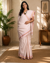 Off White Semi Hand Spun Hand Woven Saree with Brown, Beige and Pink Checks and Border