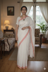 Off White Hand Spun Hand Woven Saree with Red and Yellow Linings and Border
