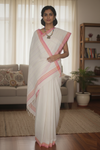 Ivory White Hand Spun Hand Woven Saree with Red and Yellow Linings and Border