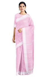 Cotton Candy Pink Beaded Striped Saree with White Border and Butis