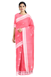 Gajari Pink Saree with White Stripes Pallu and White Border