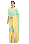 Green and Yellow Saree with White Border and Butis
