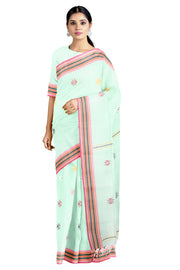 Sea Green Saree with Butis and Red Border