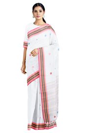 White Saree with Butis and Multi Border