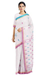 White Saree with Beige, Magenta and Blue Border and Butis
