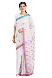 White Saree with Beige, Magenta and Blue Border and Butis