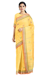 Cyber Yellow Saree with Buti and Red, Brown and Green Striped Border