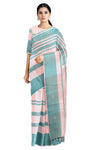 White and Turquoise Green Striped Saree with Peach Pink Stripes and Butis