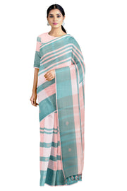 White and Turquoise Green Striped Saree with Peach Pink Stripes and Butis