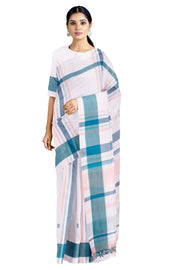 Cream and Blue Striped White Saree with Cerulean Green Border and Butis