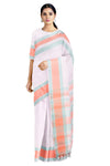 White Saree with Cyan and Peach Border