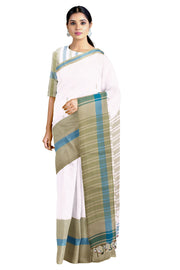 White Saree with Blue and Green Border and Butis