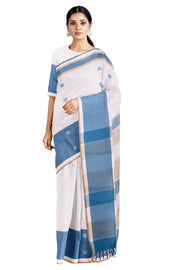 White Saree with Yellow, White and Blue Border and Butis