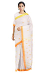 White Saree with Beige, Yellow and Orange Border and Butis