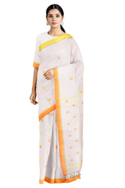 White Saree with Beige, Yellow and Orange Border and Butis