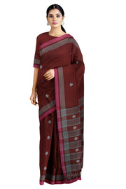 Caput Martuum Brown Saree with Magenta and Blue Striped Border and Butis