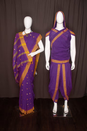 Purple Aahar Joda with Yellow and Orange Border and Butis in Saree