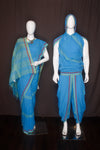 Blue Aahar Joda with Red and Green Border, Stripes and Butis