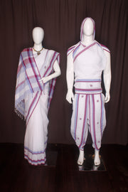 White Aahar Joda with Blue and Purple Border and Butis