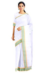 White Saree with Yellow and Fern Green Border and Butis