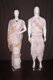 White Buti Aahar Joda with Purple and Orange Stripes and Border