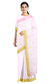 White Saree with Pink and Green Border and Butis