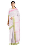 White Saree with Pink and Green Border and Butis