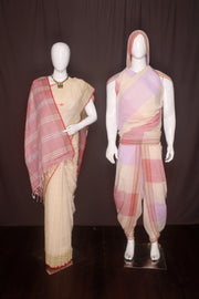 Yellow Aahar Joda with Purple and Orange Stripes and Butis in Saree