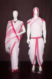 White Aahar Joda with Cerise Red Border and Butis