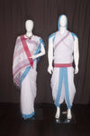 White Aahar Joda with Blue and Red Stripes, Border and Butis in Saree