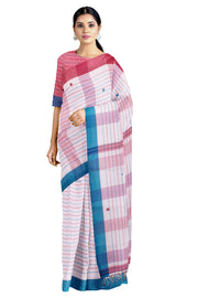 White Saree with Red and Blue Stripes, Border and Butis