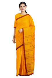 Yellow Saree with Maroon Border and Butis in Pallu