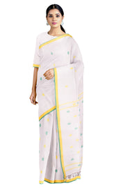 White Saree with Yellow and Green Border and Butis
