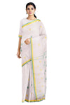 White Saree with Green and Yellow Border and Butis