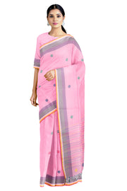 Pink Saree with Red, Yellow and White Border and Buti